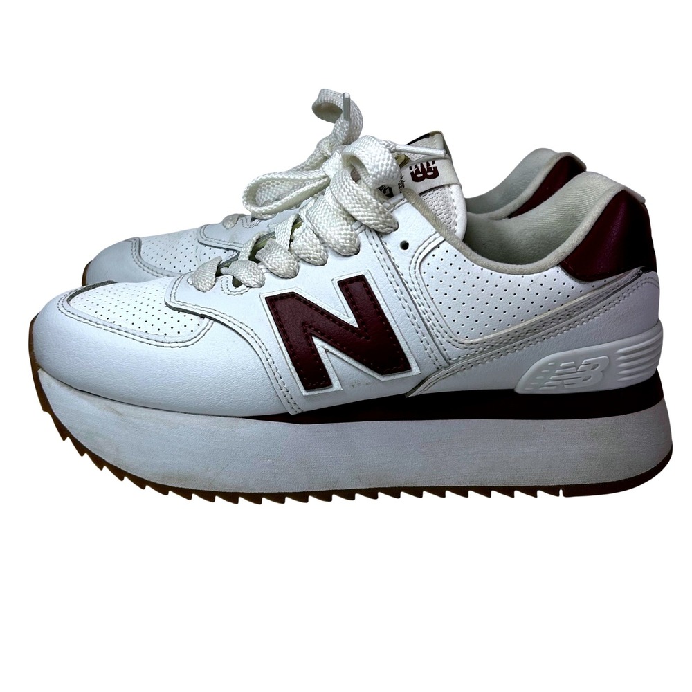 New Balance White and Burgundy Platform Sneakers